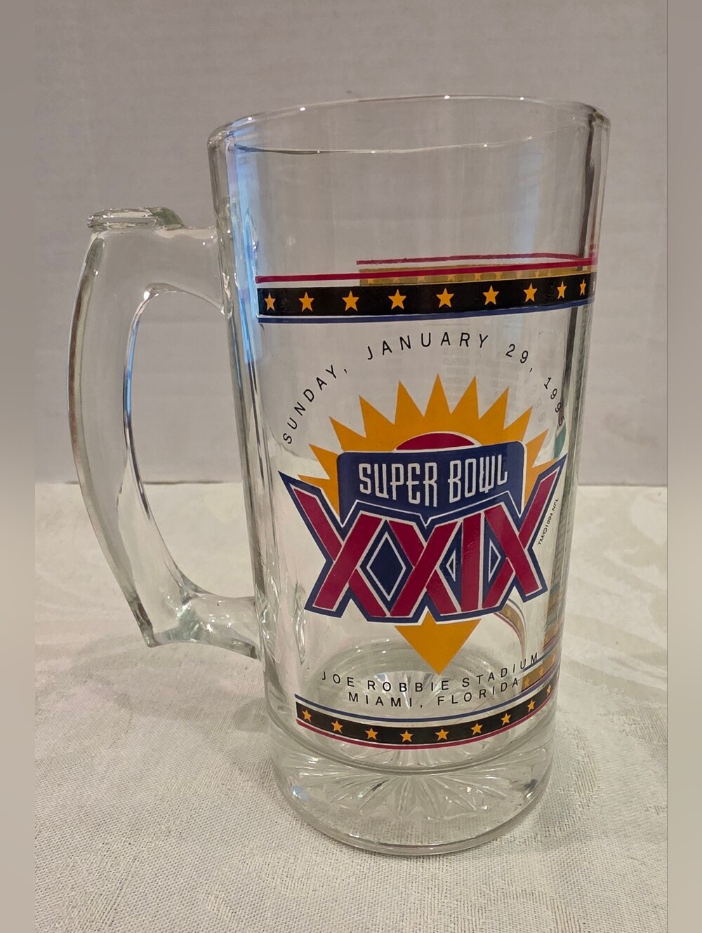 Vintage 1995 SuperBowl XXIX 29 Clear Mug Miami Joe Robbie Stadium NFL Football